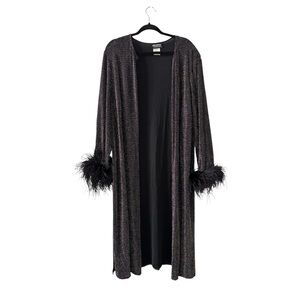 Vintage 90s Evening Duster Cardigan Metallic Glam Feather Trim Sleeves 2X